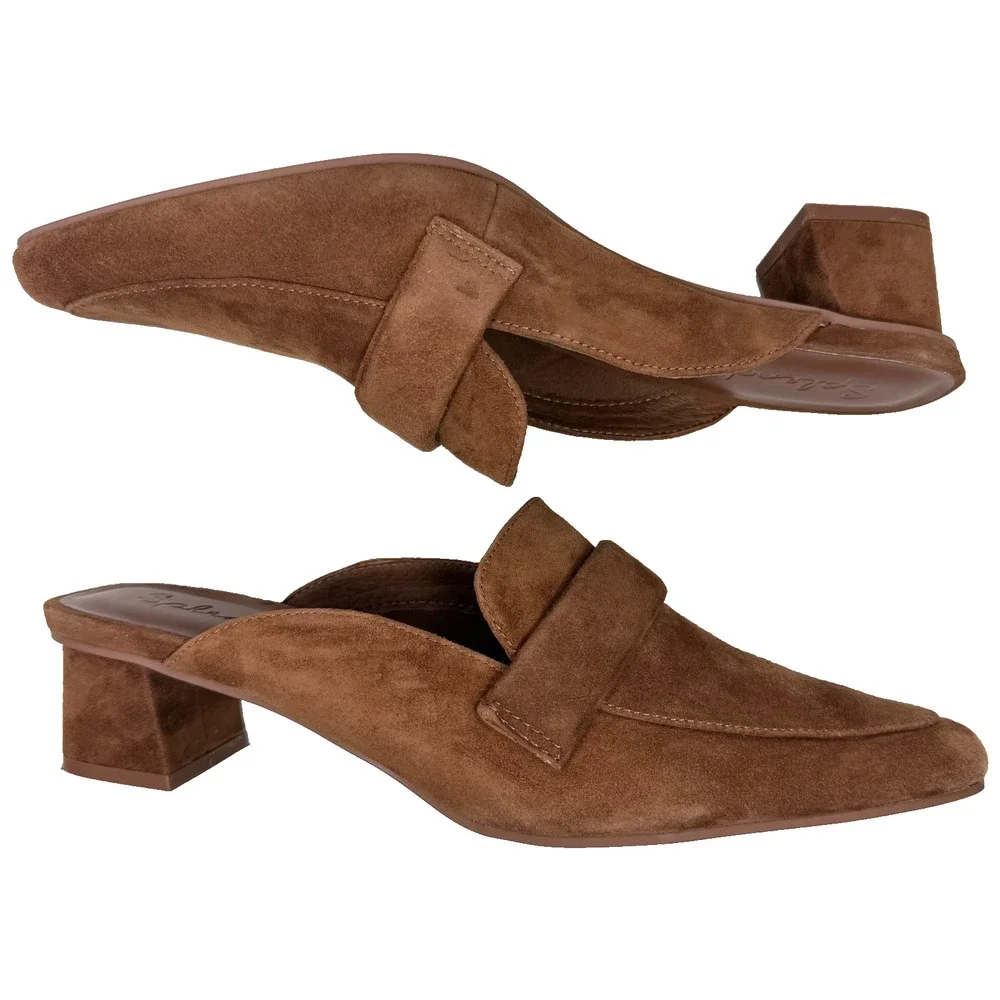 Splendid Loretta Suede Mules 8.5 Brown Pointed Toe Block Heel SlipOn Leather EUC - Picture 4 of 8